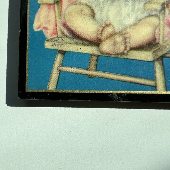 Wood Plaque Wall Decor, Charlotte Becker, Baby In Chair, 3.25"x2.75" Vintage - Picture 8 of 12